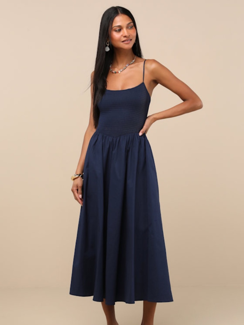 Lulus Tandria Navy Smocked Sleeveless Midi Dress Blue - Size S